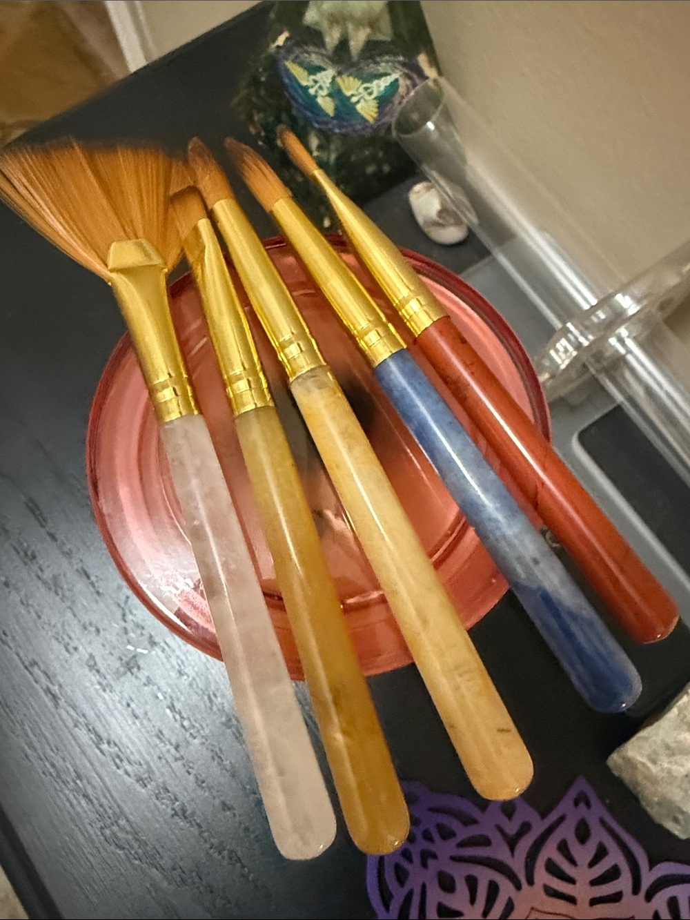 Set of AUTHENTIC CRYSTAL Assorted Handle Paint Brushes with Gold Ferrules
